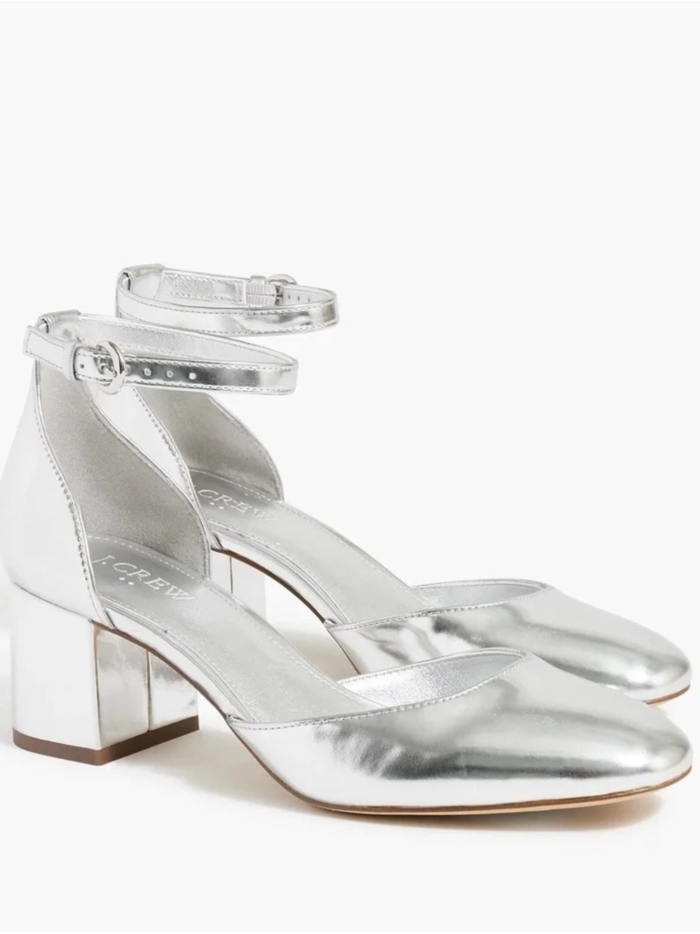 J. Crew Factory | Metallic Silver Block Heel Ankle-Strap Pumps